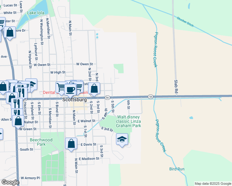 map of restaurants, bars, coffee shops, grocery stores, and more near 540 East McClain Avenue in Scottsburg