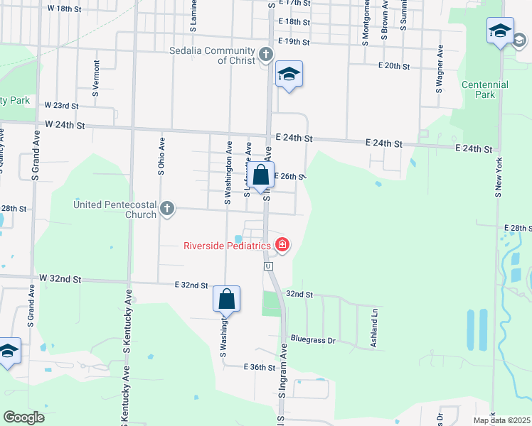 map of restaurants, bars, coffee shops, grocery stores, and more near 2720 South Ingram Avenue in Sedalia
