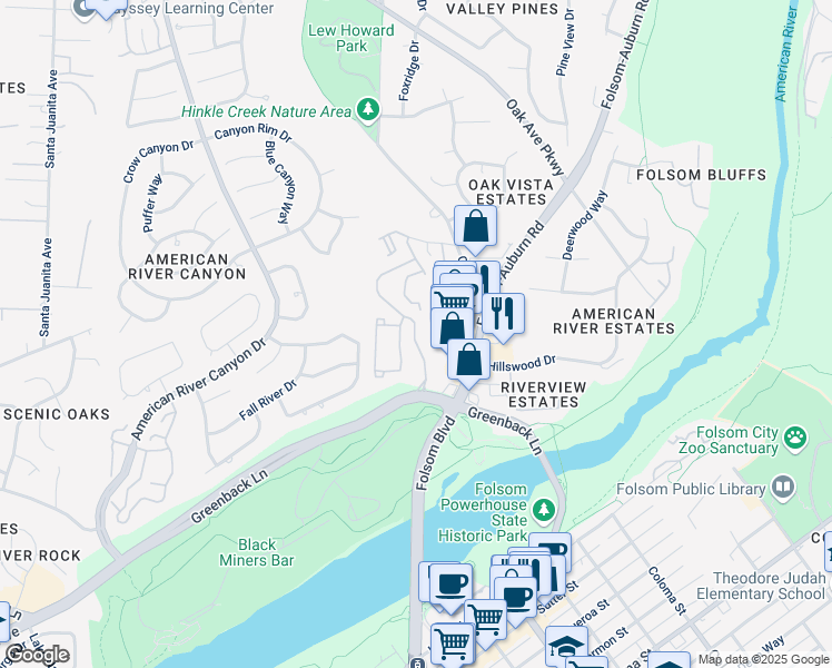 map of restaurants, bars, coffee shops, grocery stores, and more near 1035 Folsom Ranch Drive in Folsom
