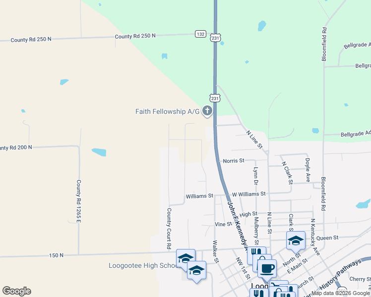 map of restaurants, bars, coffee shops, grocery stores, and more near 129 Garrett Avenue in Loogootee