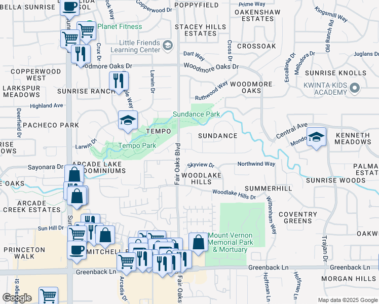 map of restaurants, bars, coffee shops, grocery stores, and more near 6608 Cavalry Court in Orangevale