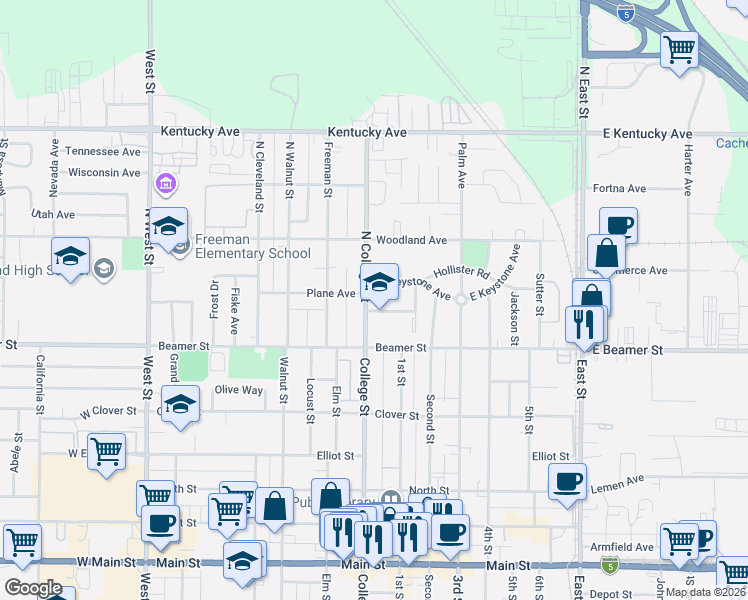 map of restaurants, bars, coffee shops, grocery stores, and more near 48 North College Street in Woodland