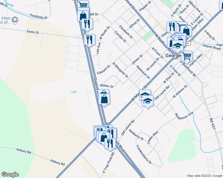 map of restaurants, bars, coffee shops, grocery stores, and more near 407 Walter Street in Georgetown