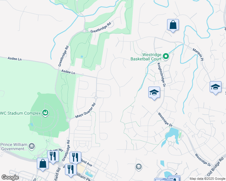 map of restaurants, bars, coffee shops, grocery stores, and more near 4447 Weejun Loop in Woodbridge