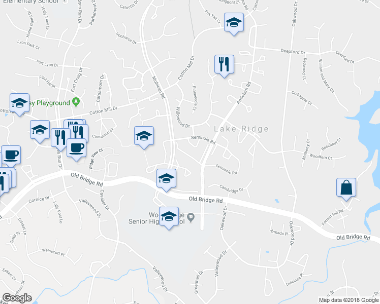 map of restaurants, bars, coffee shops, grocery stores, and more near 3038 Seminole Road in Woodbridge
