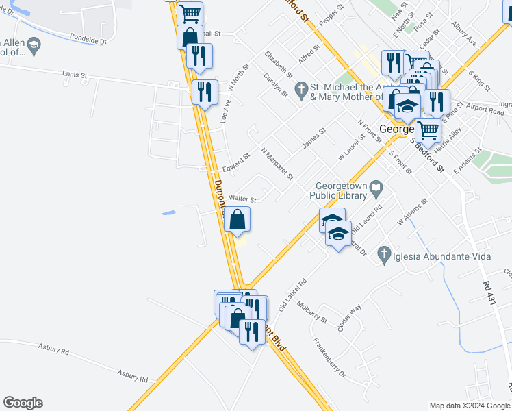 map of restaurants, bars, coffee shops, grocery stores, and more near 407 Walter Street in Georgetown