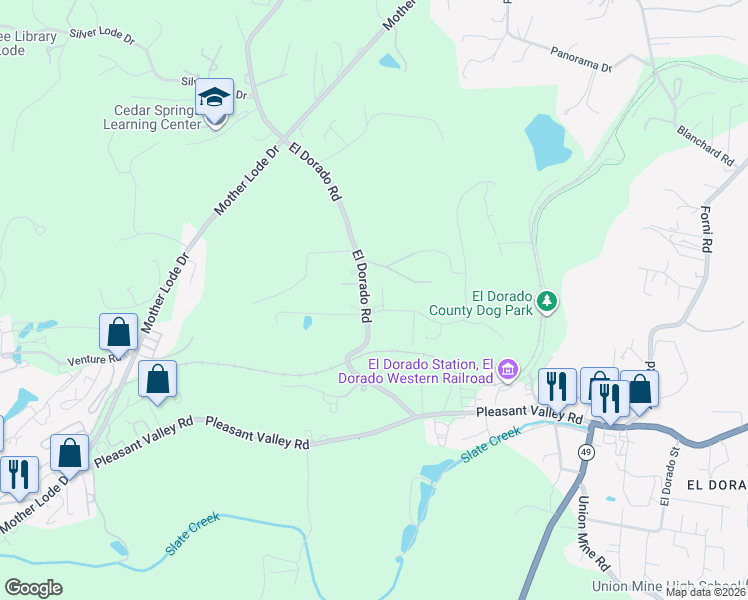 map of restaurants, bars, coffee shops, grocery stores, and more near 4627 El Dorado Road in El Dorado County