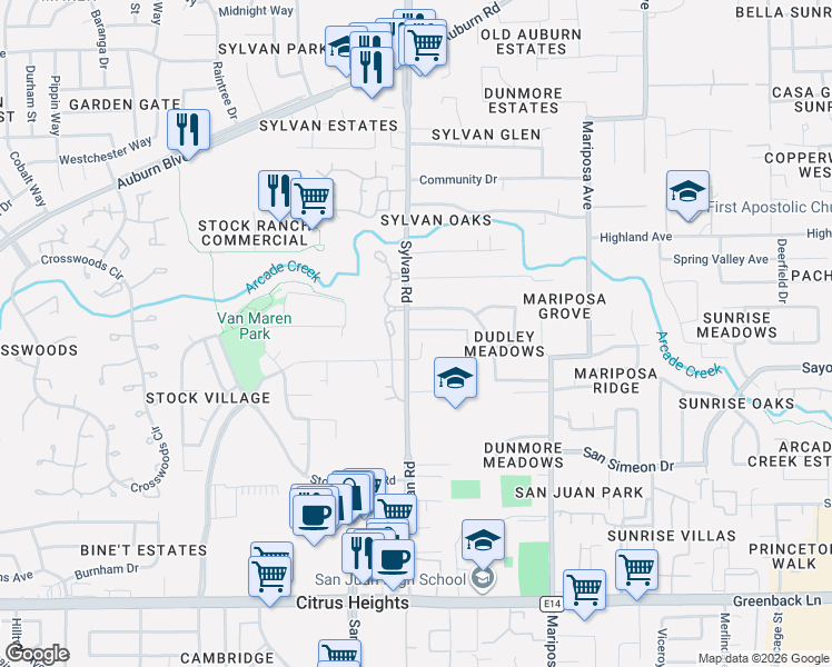 map of restaurants, bars, coffee shops, grocery stores, and more near 6617 Raywood Court in Citrus Heights