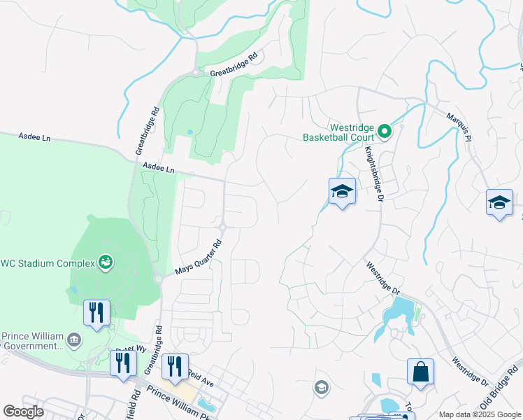 map of restaurants, bars, coffee shops, grocery stores, and more near 4447 Weejun Loop in Woodbridge