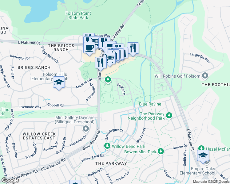 map of restaurants, bars, coffee shops, grocery stores, and more near 1533 Bonanza Lane in Folsom