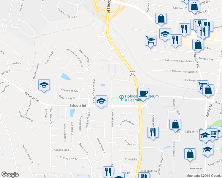 map of restaurants, bars, coffee shops, grocery stores, and more near 2 Millstone Campus Drive in St. Louis