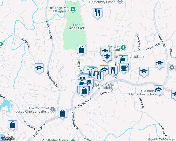map of restaurants, bars, coffee shops, grocery stores, and more near 3629 Sherbrooke Circle in Woodbridge