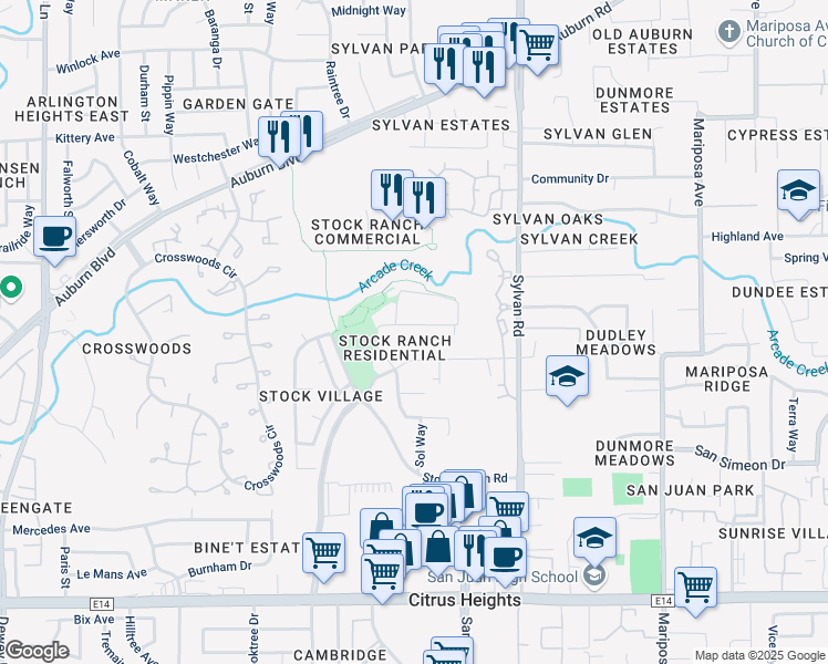 map of restaurants, bars, coffee shops, grocery stores, and more near 7324 Thalia Way in Citrus Heights