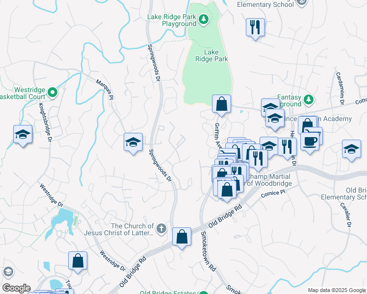 map of restaurants, bars, coffee shops, grocery stores, and more near 12213 Stevenson Court in Woodbridge