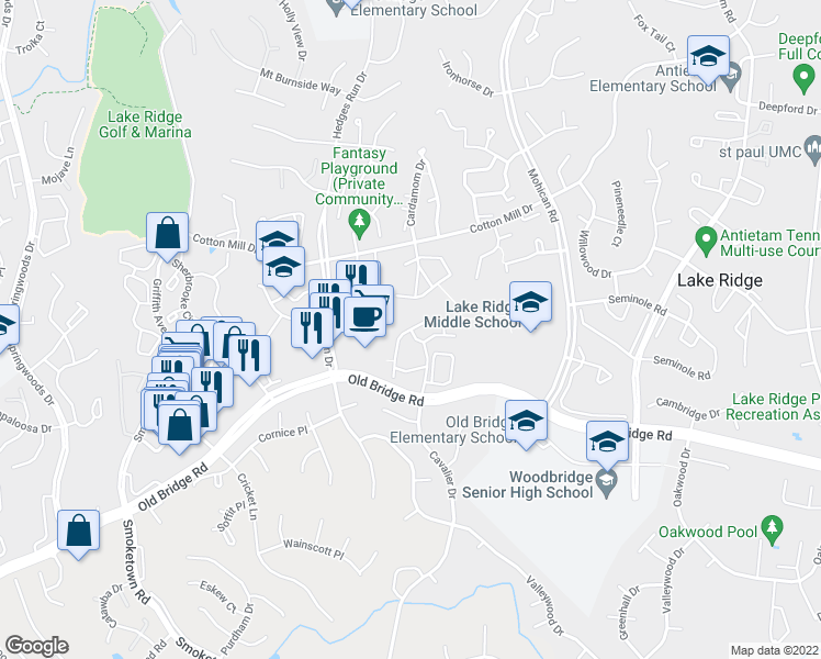 map of restaurants, bars, coffee shops, grocery stores, and more near Ridge View Court in Lake Ridge