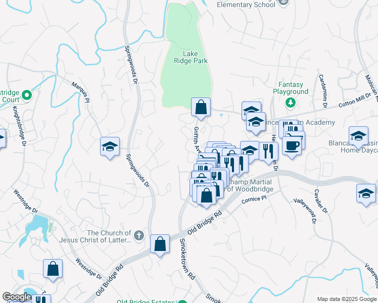 map of restaurants, bars, coffee shops, grocery stores, and more near 12313 Pond Run Drive in Lake Ridge