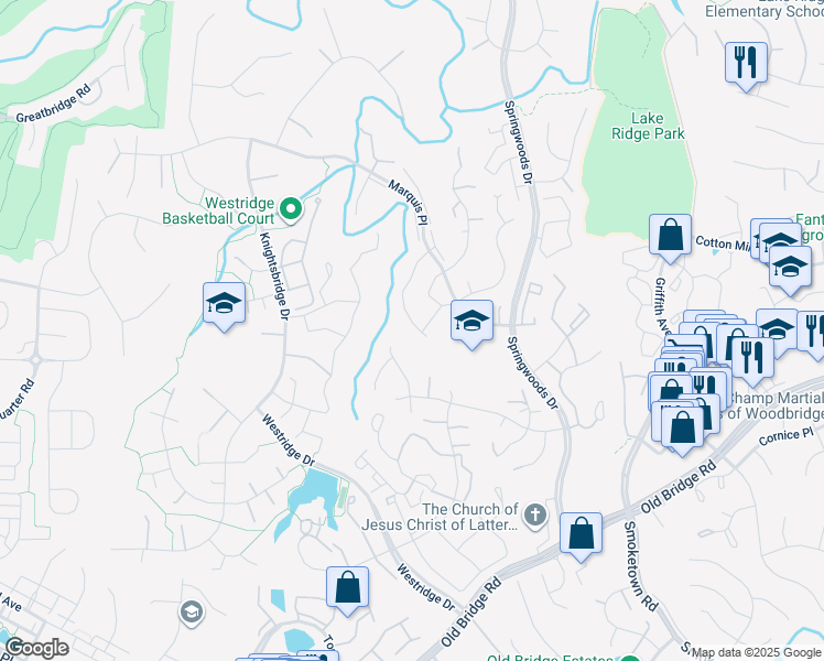 map of restaurants, bars, coffee shops, grocery stores, and more near 12326 Granada Way in Woodbridge