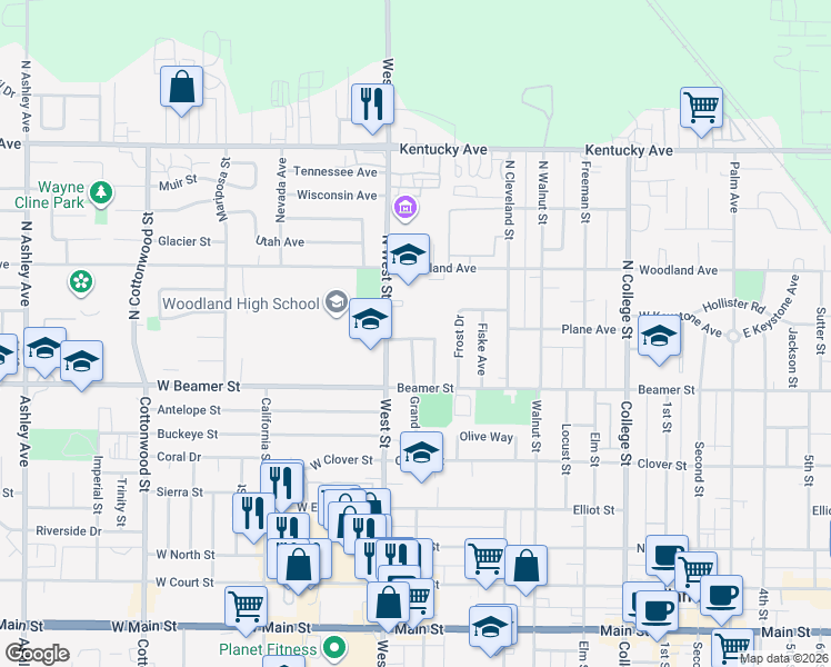 map of restaurants, bars, coffee shops, grocery stores, and more near 5 Plane Avenue in Woodland