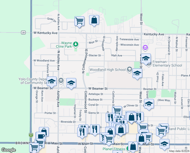 map of restaurants, bars, coffee shops, grocery stores, and more near 136 Shasta Place in Woodland