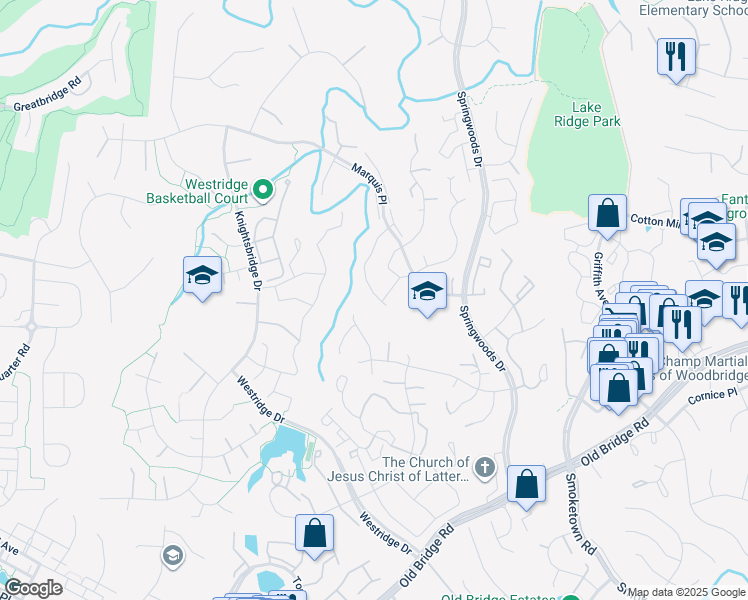 map of restaurants, bars, coffee shops, grocery stores, and more near 12326 Granada Way in Woodbridge