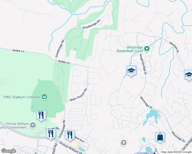 map of restaurants, bars, coffee shops, grocery stores, and more near 4500 Ellery Court in Woodbridge