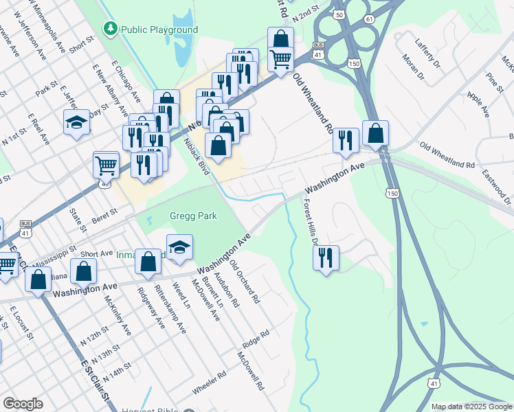 map of restaurants, bars, coffee shops, grocery stores, and more near 103-133 Landrey Drive in Vincennes