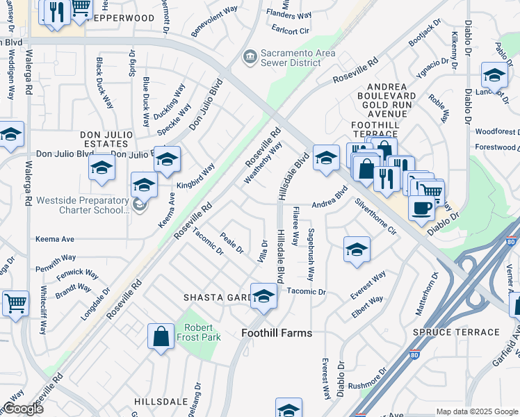 map of restaurants, bars, coffee shops, grocery stores, and more near 4944 Andrea Boulevard in Sacramento