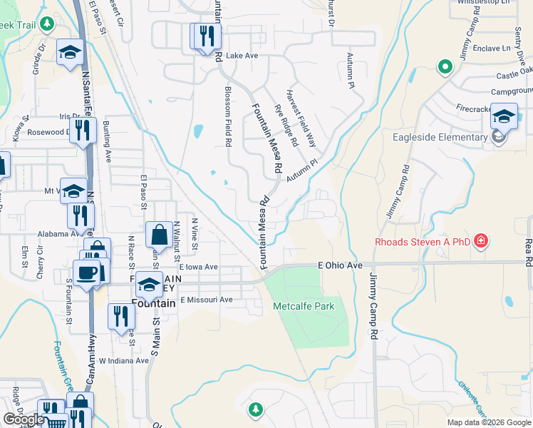 map of restaurants, bars, coffee shops, grocery stores, and more near 502 Fountain Mesa Road in Fountain