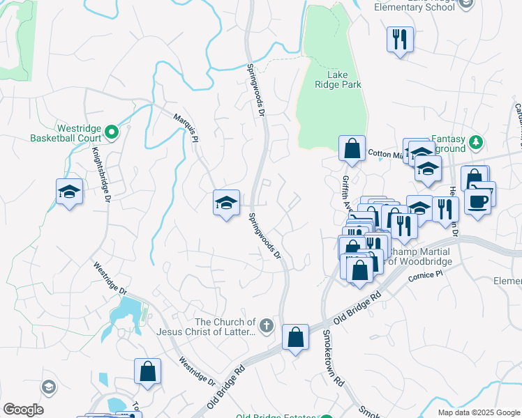 map of restaurants, bars, coffee shops, grocery stores, and more near 12373 Wadsworth Way in Woodbridge