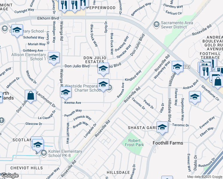 map of restaurants, bars, coffee shops, grocery stores, and more near 6469 Guthrie Street in North Highlands