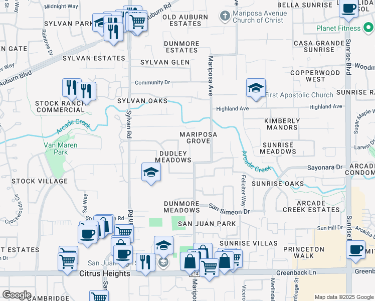 map of restaurants, bars, coffee shops, grocery stores, and more near 6613 Trilby Court in Citrus Heights