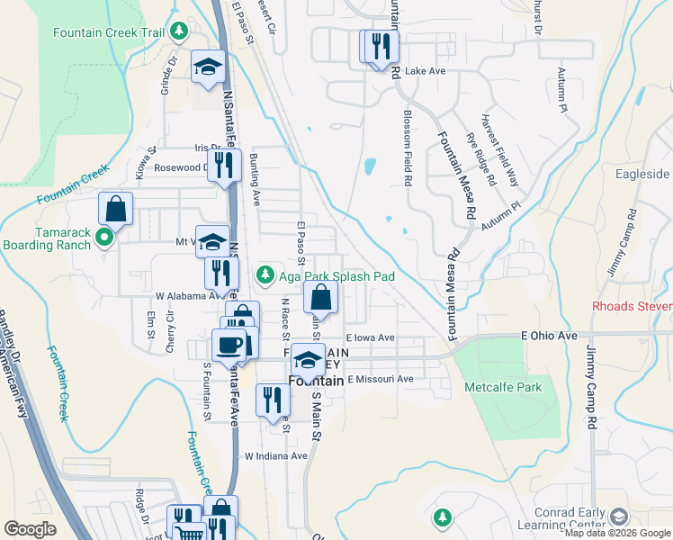 map of restaurants, bars, coffee shops, grocery stores, and more near 431 North Walnut Street in Fountain