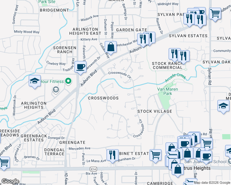 map of restaurants, bars, coffee shops, grocery stores, and more near 6915 Monticello Ct in Citrus Heights