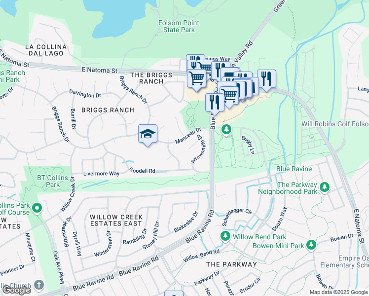 map of restaurants, bars, coffee shops, grocery stores, and more near 110 Maderos Court in Folsom