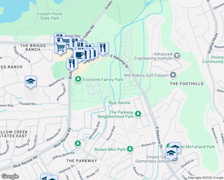 map of restaurants, bars, coffee shops, grocery stores, and more near 1368 Folsom Meadows Circle in Folsom