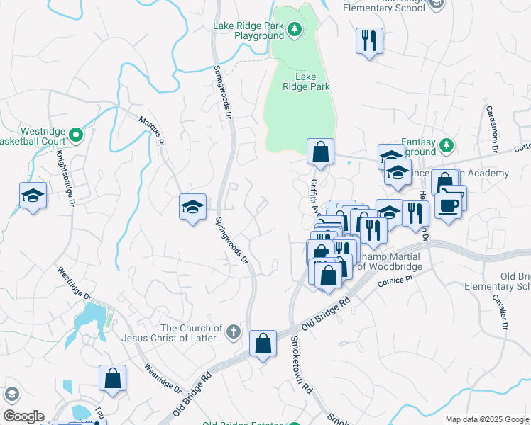 map of restaurants, bars, coffee shops, grocery stores, and more near 12211 Stevenson Court in Woodbridge