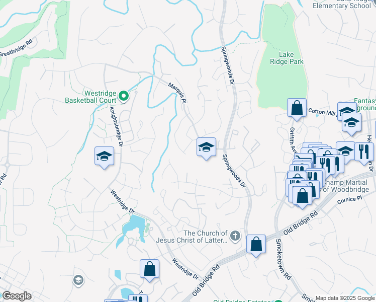 map of restaurants, bars, coffee shops, grocery stores, and more near 12289 Arabian Place in Woodbridge