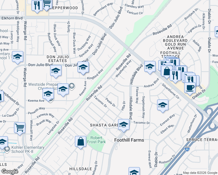 map of restaurants, bars, coffee shops, grocery stores, and more near 4826 Monet Way in Sacramento
