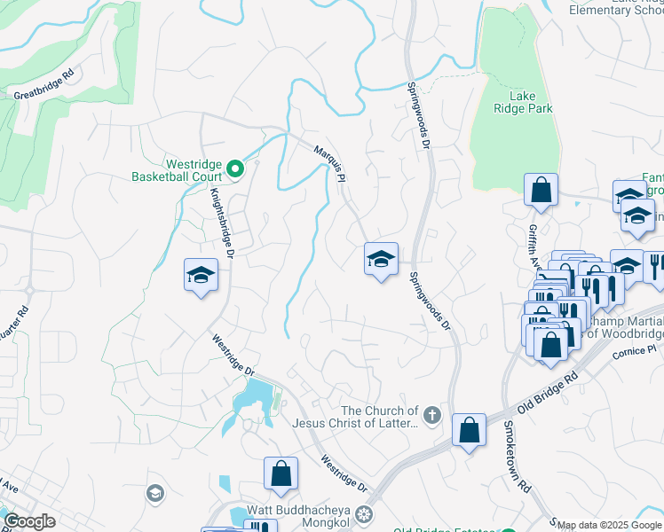 map of restaurants, bars, coffee shops, grocery stores, and more near 12324 Granada Way in Woodbridge