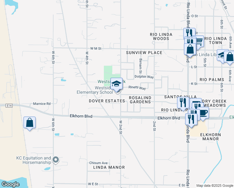 map of restaurants, bars, coffee shops, grocery stores, and more near 6537 West 2nd Street in Rio Linda
