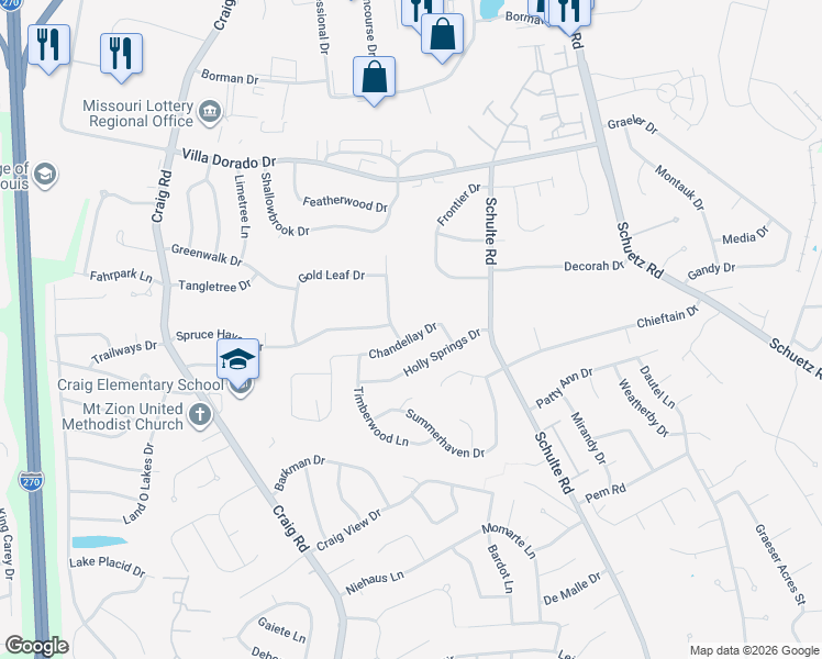 map of restaurants, bars, coffee shops, grocery stores, and more near 11689 Chandellay Drive in St. Louis