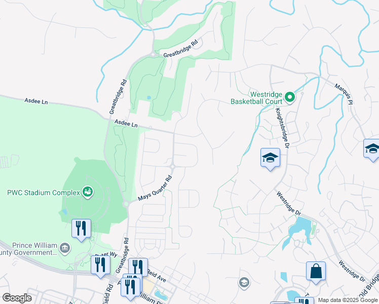 map of restaurants, bars, coffee shops, grocery stores, and more near 4500 Ellery Court in Woodbridge