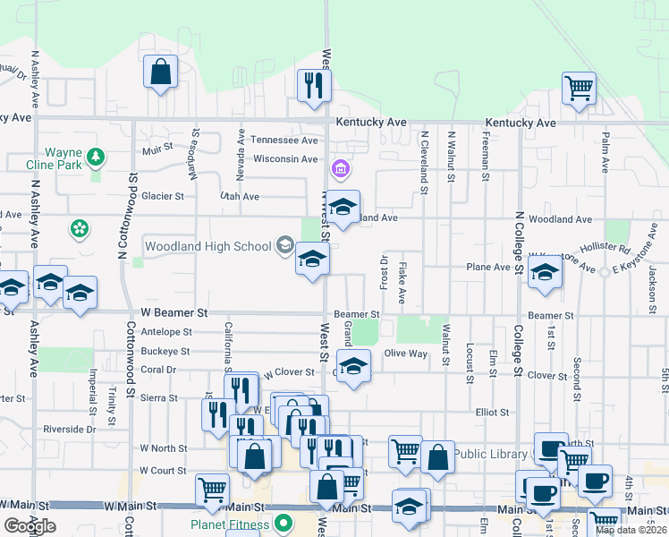 map of restaurants, bars, coffee shops, grocery stores, and more near 5 Plane Avenue in Woodland