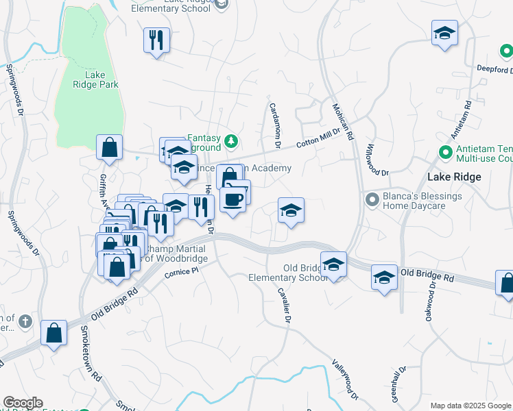 map of restaurants, bars, coffee shops, grocery stores, and more near 3224 Ridge View Court in Woodbridge