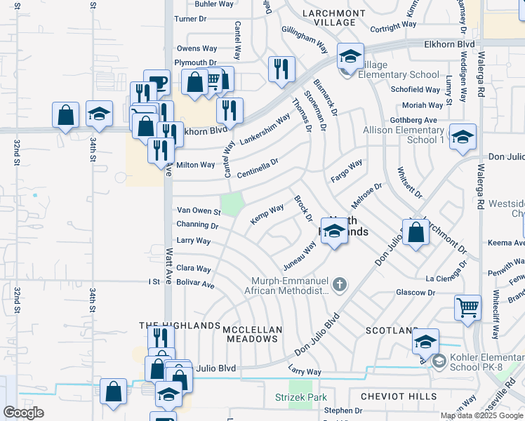 map of restaurants, bars, coffee shops, grocery stores, and more near 6533 Kemp Way in North Highlands