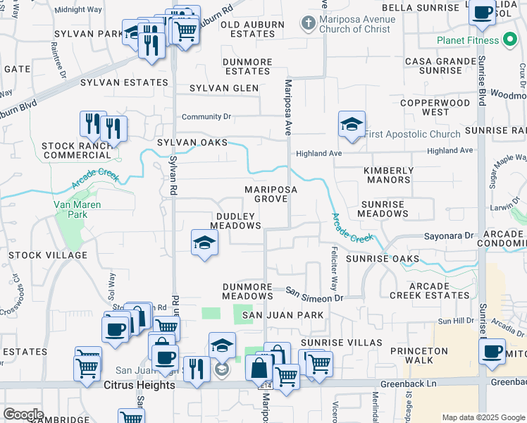 map of restaurants, bars, coffee shops, grocery stores, and more near 6613 Trilby Court in Citrus Heights