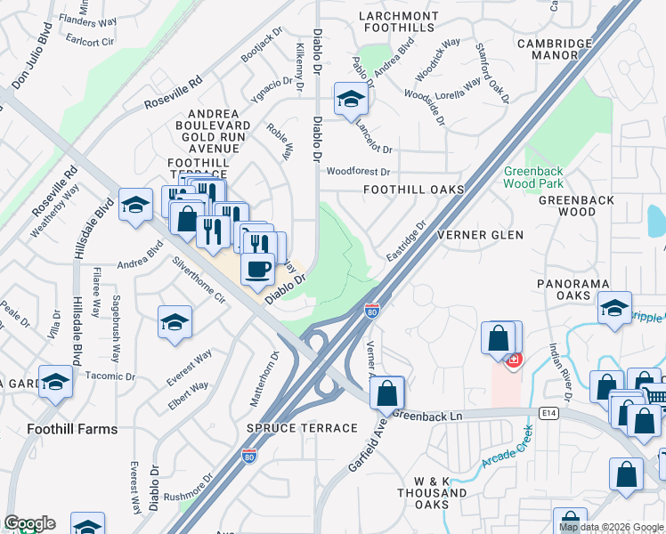 map of restaurants, bars, coffee shops, grocery stores, and more near 5469 Diablo Drive in Sacramento
