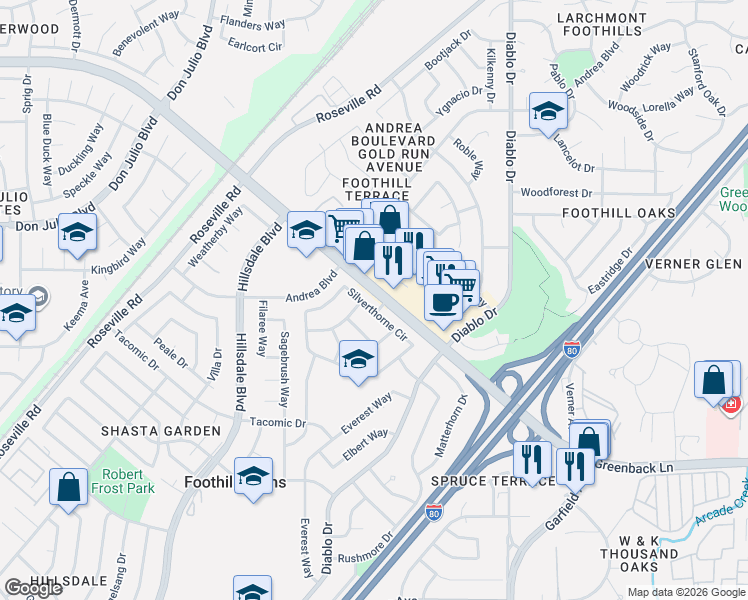 map of restaurants, bars, coffee shops, grocery stores, and more near 6929 Silverthorne Circle in Sacramento