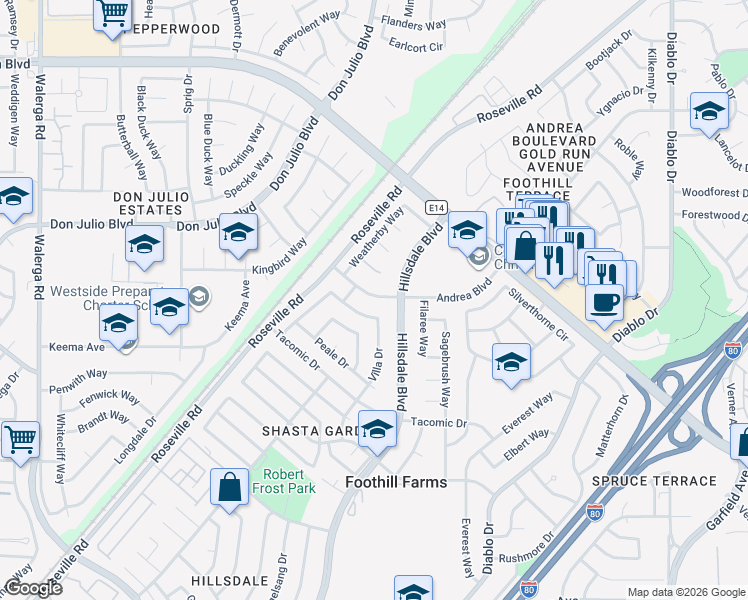 map of restaurants, bars, coffee shops, grocery stores, and more near in Foothill Farms