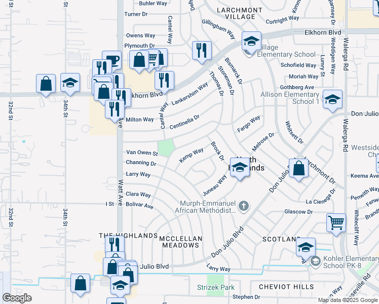 map of restaurants, bars, coffee shops, grocery stores, and more near 6533 Kemp Way in North Highlands